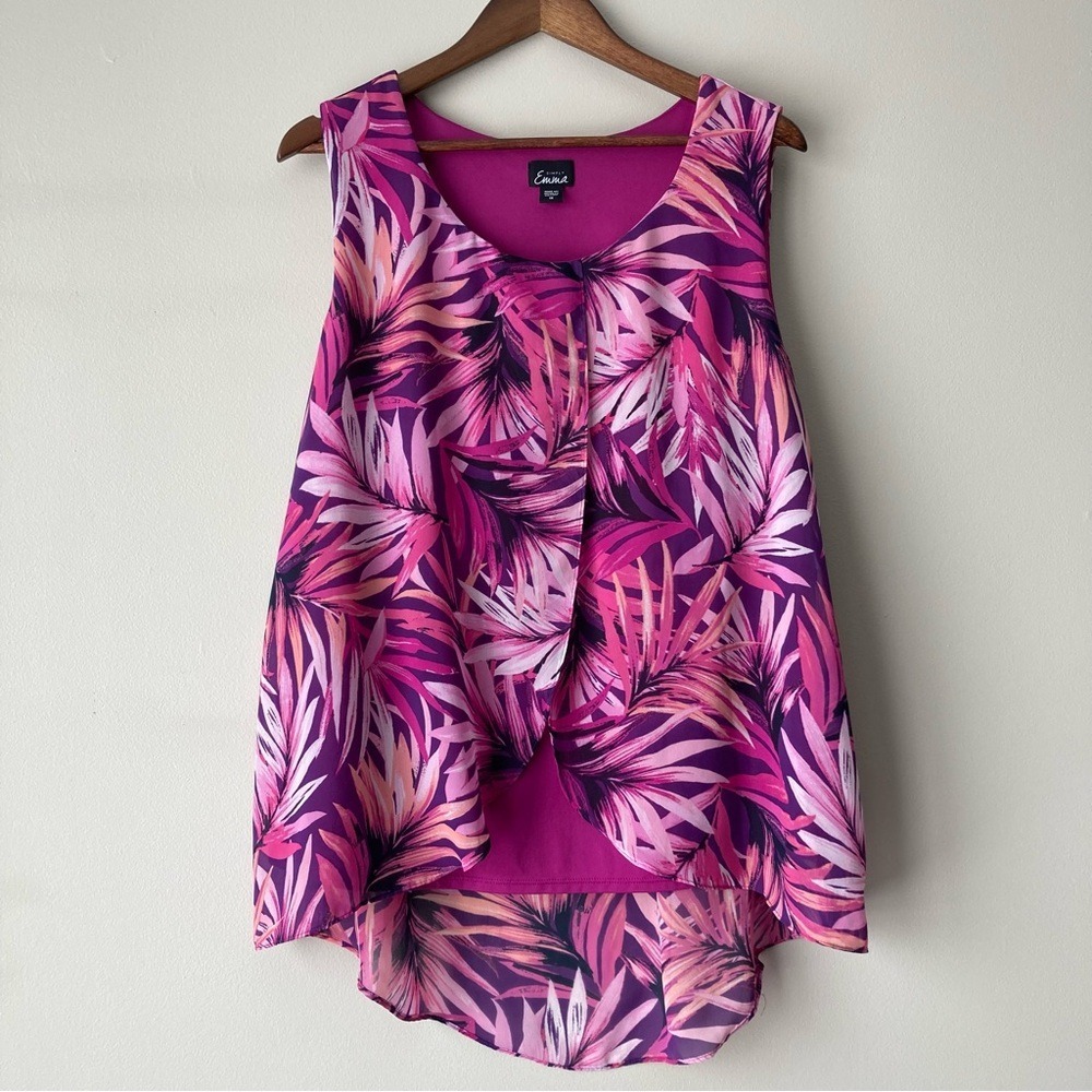 Simply Emma Womens Tropical Palm Print High Low Sleeveless Blouse Pink Purple 1X